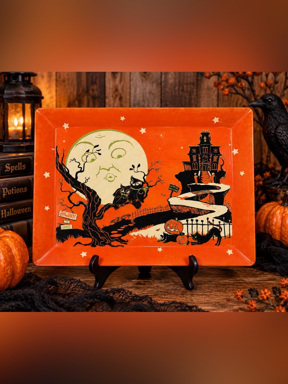 Pottery Barn Kids Halloween Tray 2010 Haunted House Moon Black Cat PBK 20”